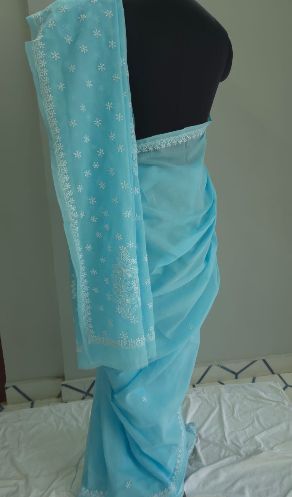 Sky Blue Cotton Saree with Keel Kangan work