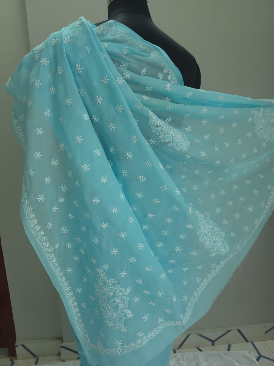Sky Blue Cotton Saree with Keel Kangan work