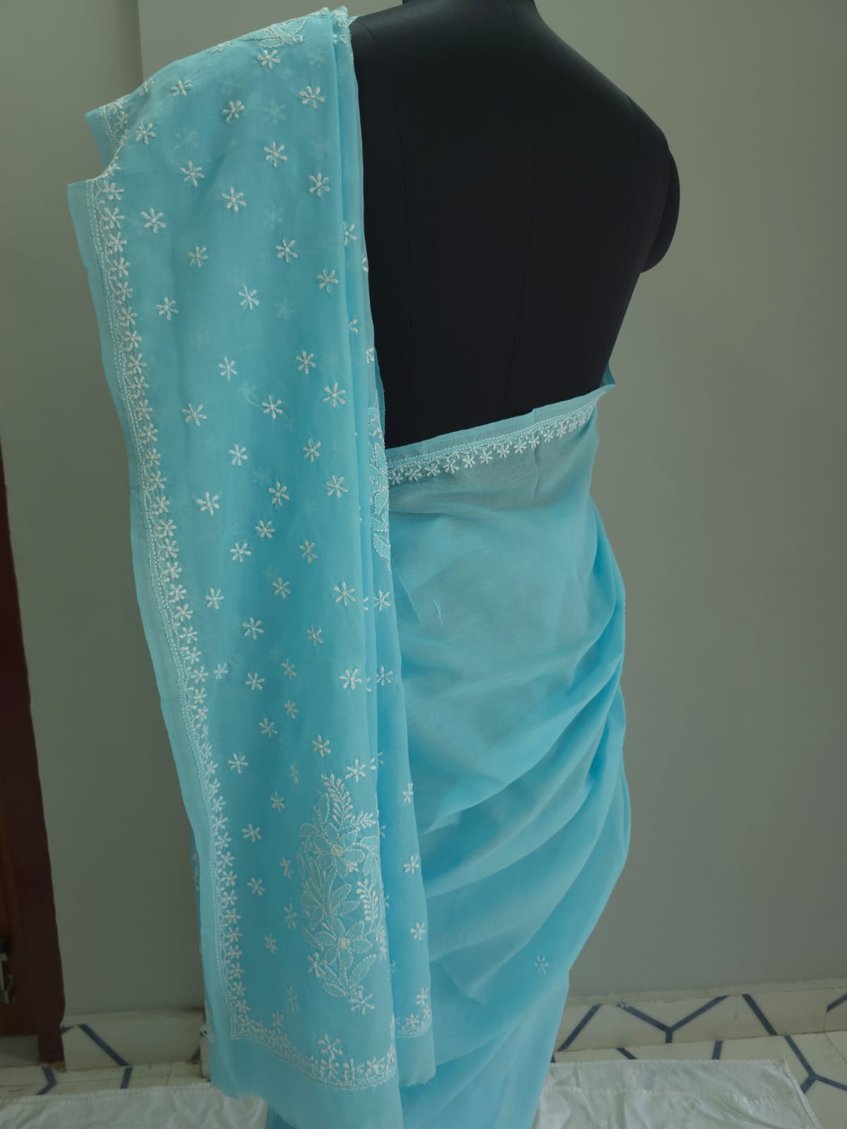 Sky Blue Cotton Saree with Keel Kangan work