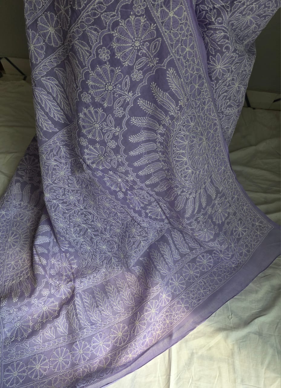 Lavender Cotton All over Full Hand embroidered Saree
