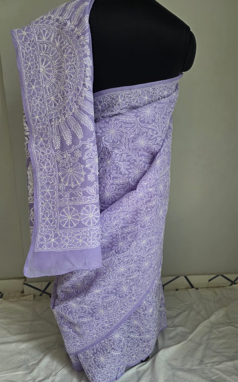 Lavender Cotton All over Full Hand embroidered Saree