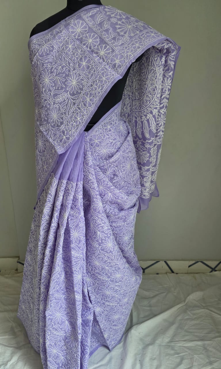 Lavender Cotton All over Full Hand embroidered Saree