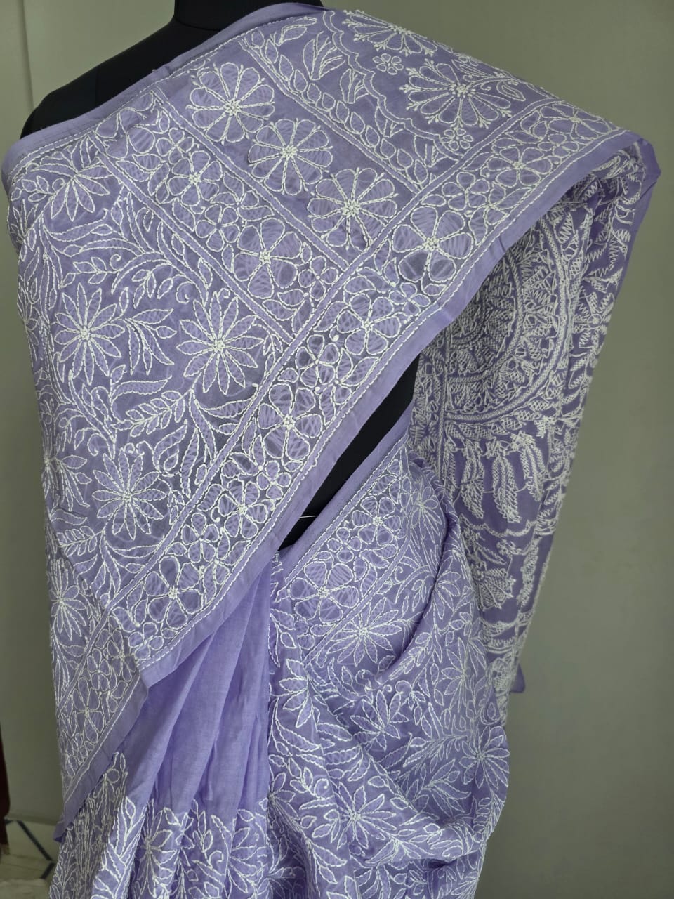 Lavender Cotton All over Full Hand embroidered Saree