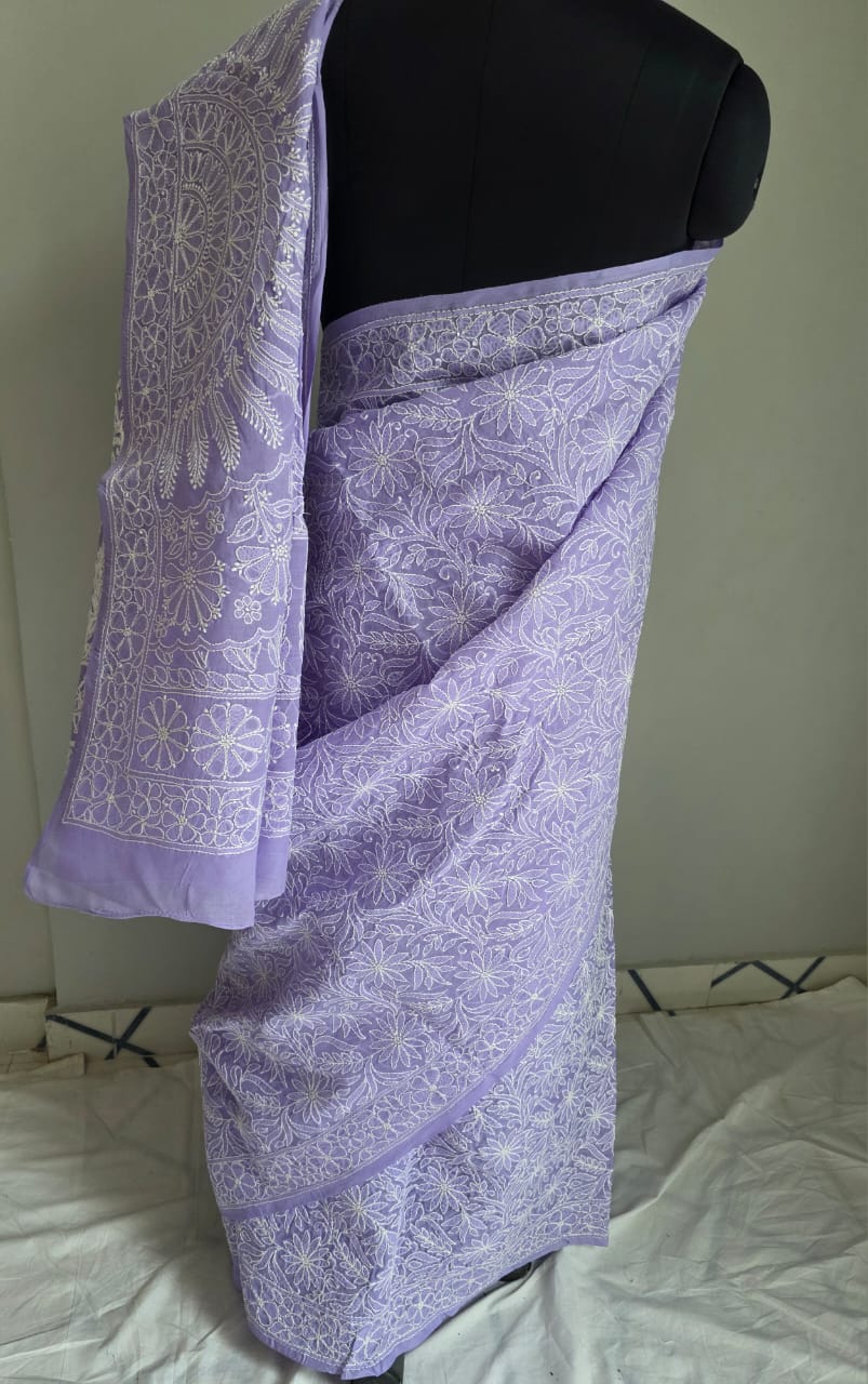 Lavender Cotton All over Full Hand embroidered Saree