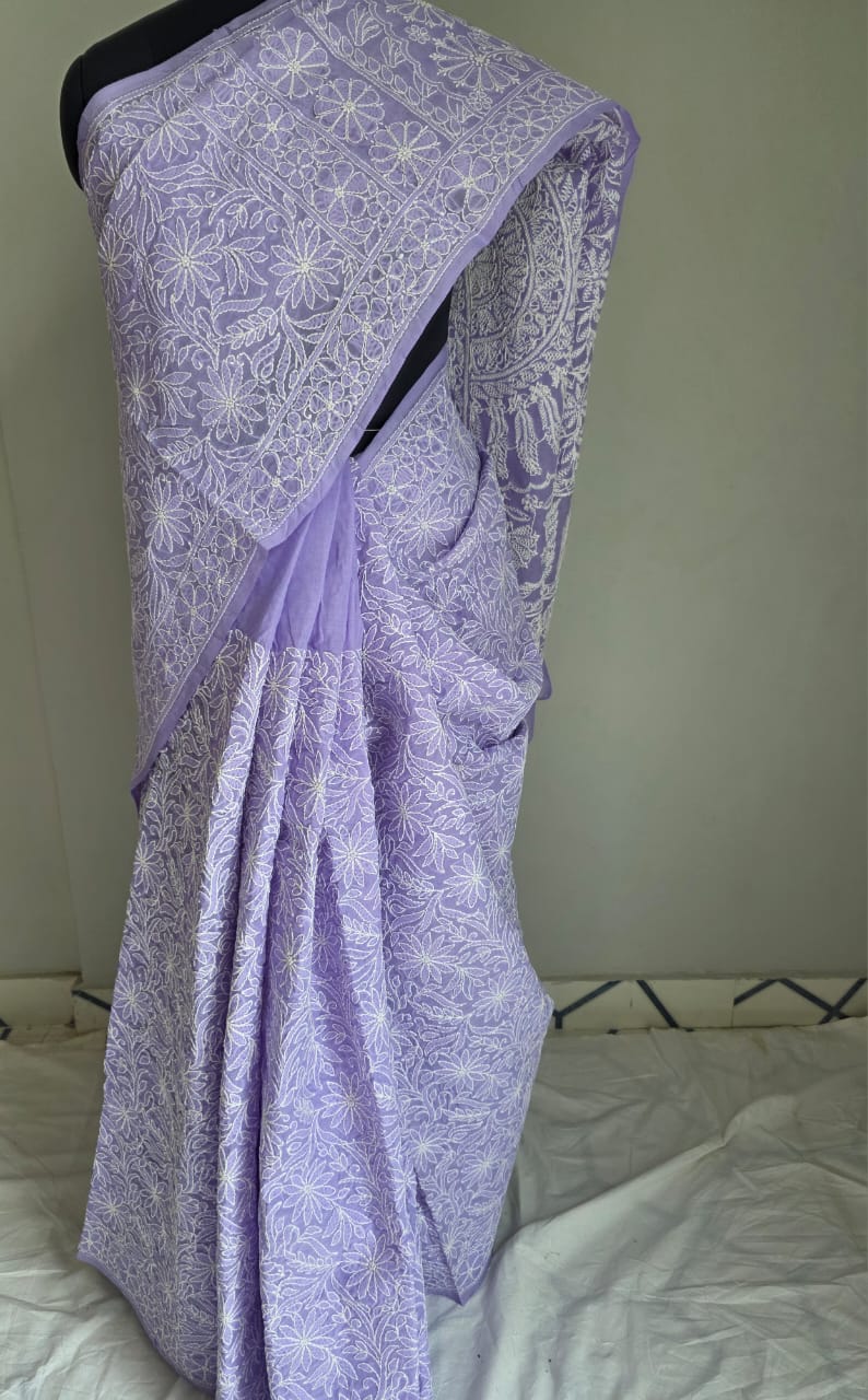 Lavender Cotton All over Full Hand embroidered Saree