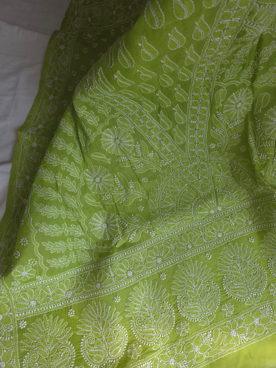 Bright Green All over full Hand embroidered cotton Saree