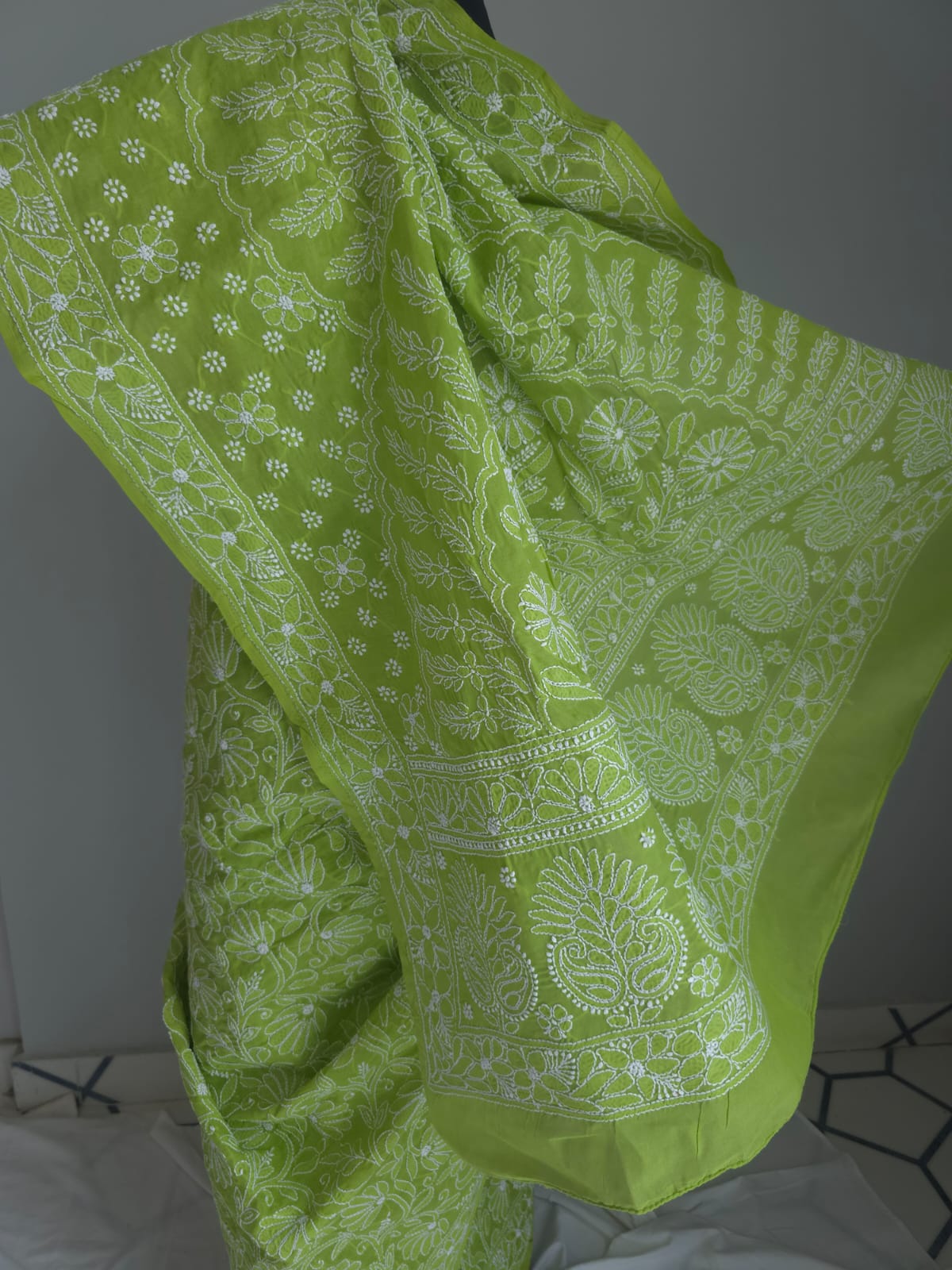 Bright Green All over full Hand embroidered cotton Saree