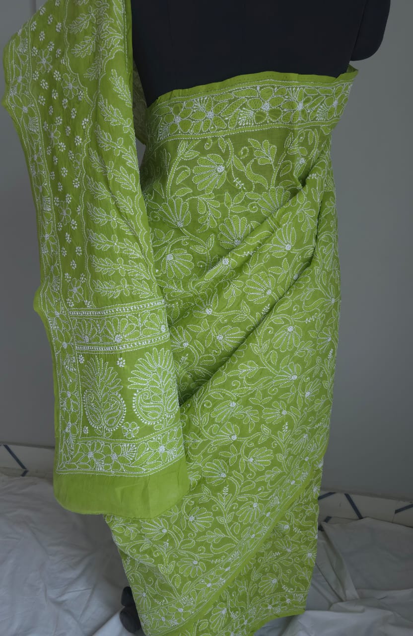 Bright Green All over full Hand embroidered cotton Saree