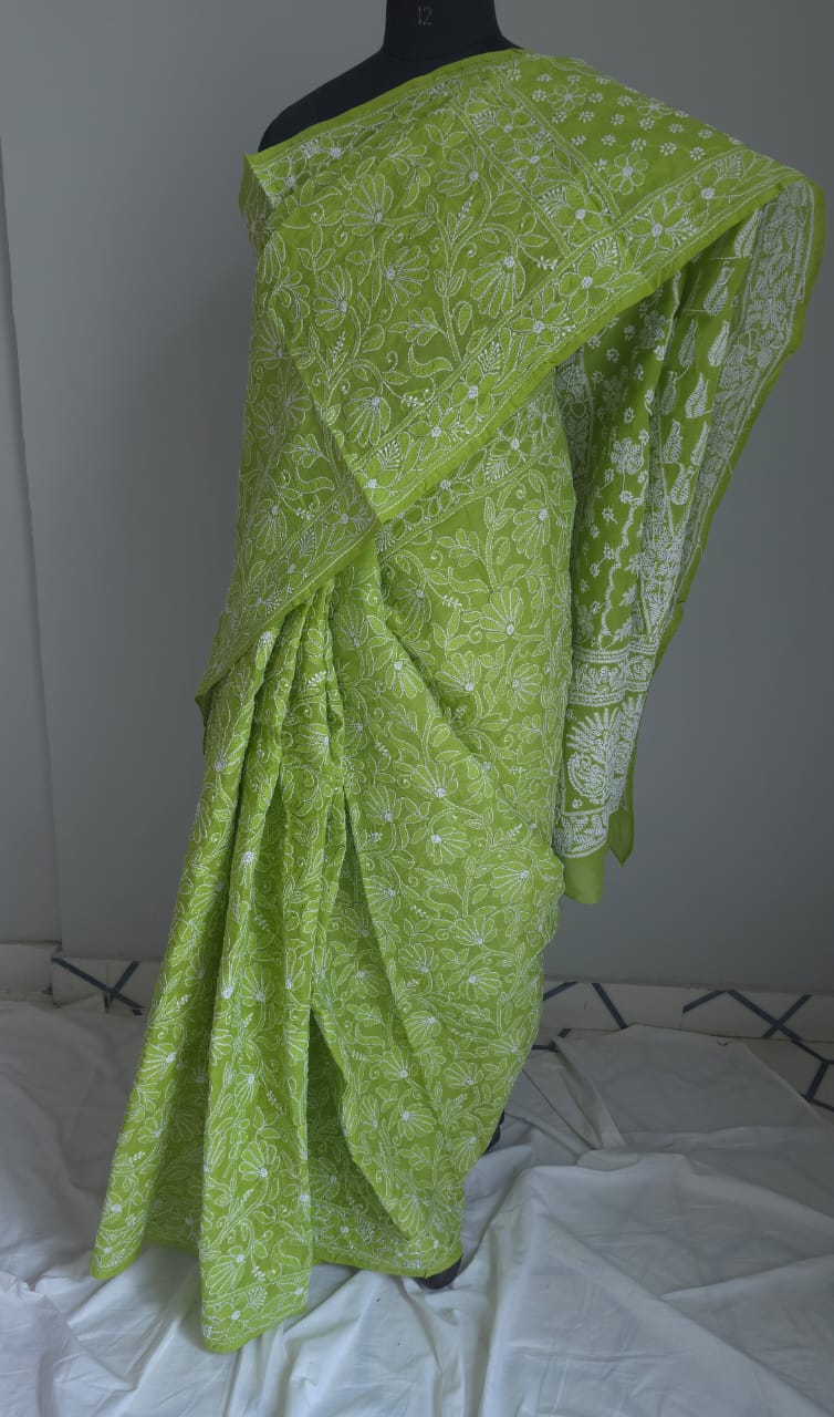 Bright Green All over full Hand embroidered cotton Saree