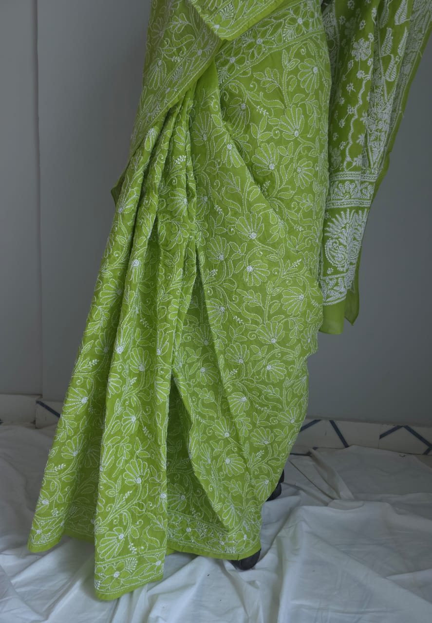 Bright Green All over full Hand embroidered cotton Saree