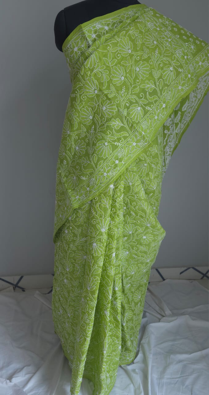 Bright Green All over full Hand embroidered cotton Saree