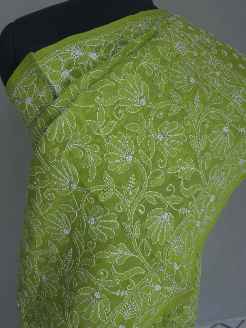 Bright Green All over full Hand embroidered cotton Saree
