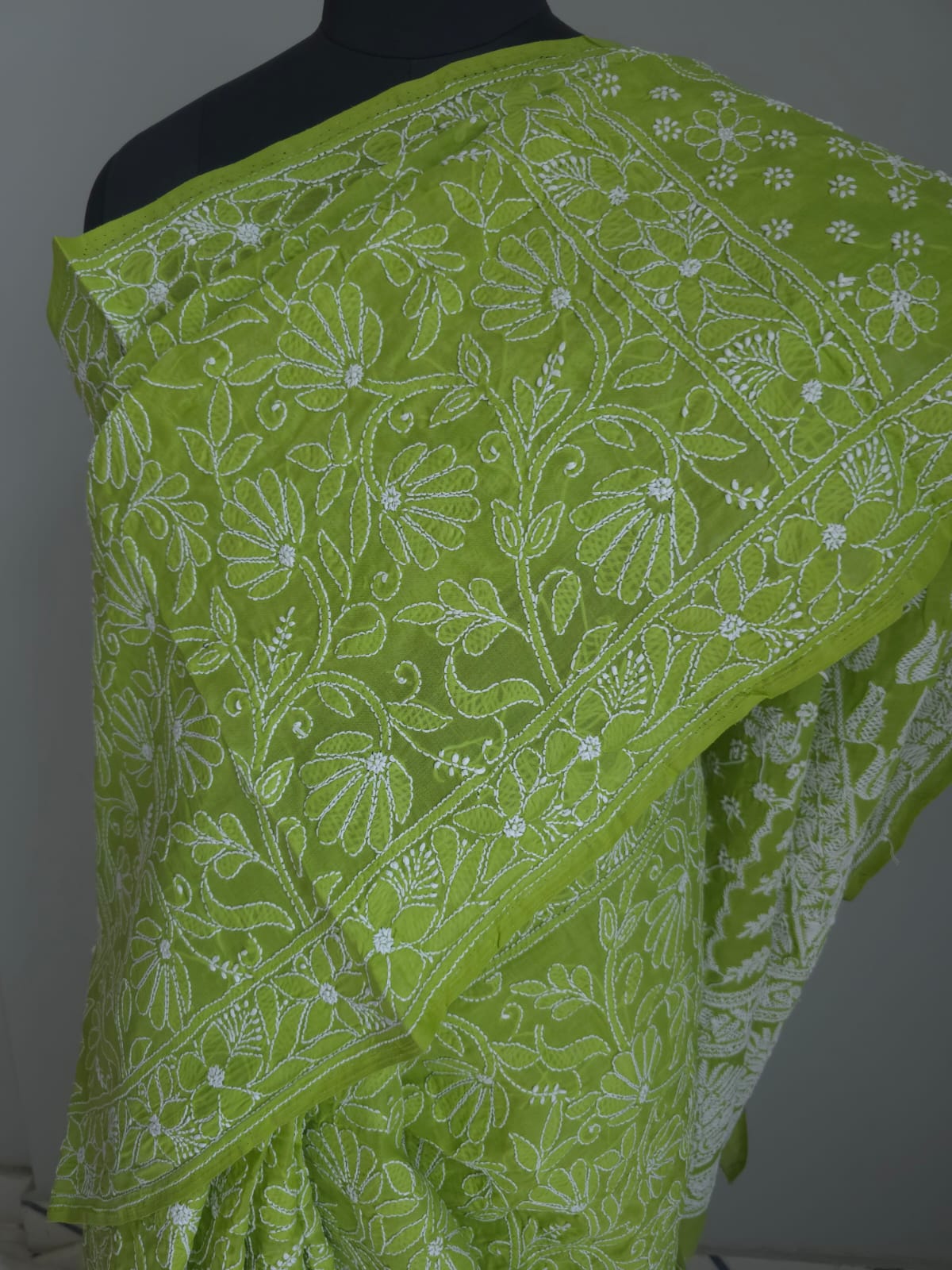 Bright Green All over full Hand embroidered cotton Saree