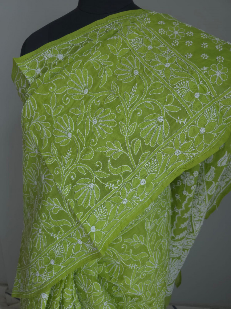 Image of Bright Green All over full Hand embroidered cotton Saree