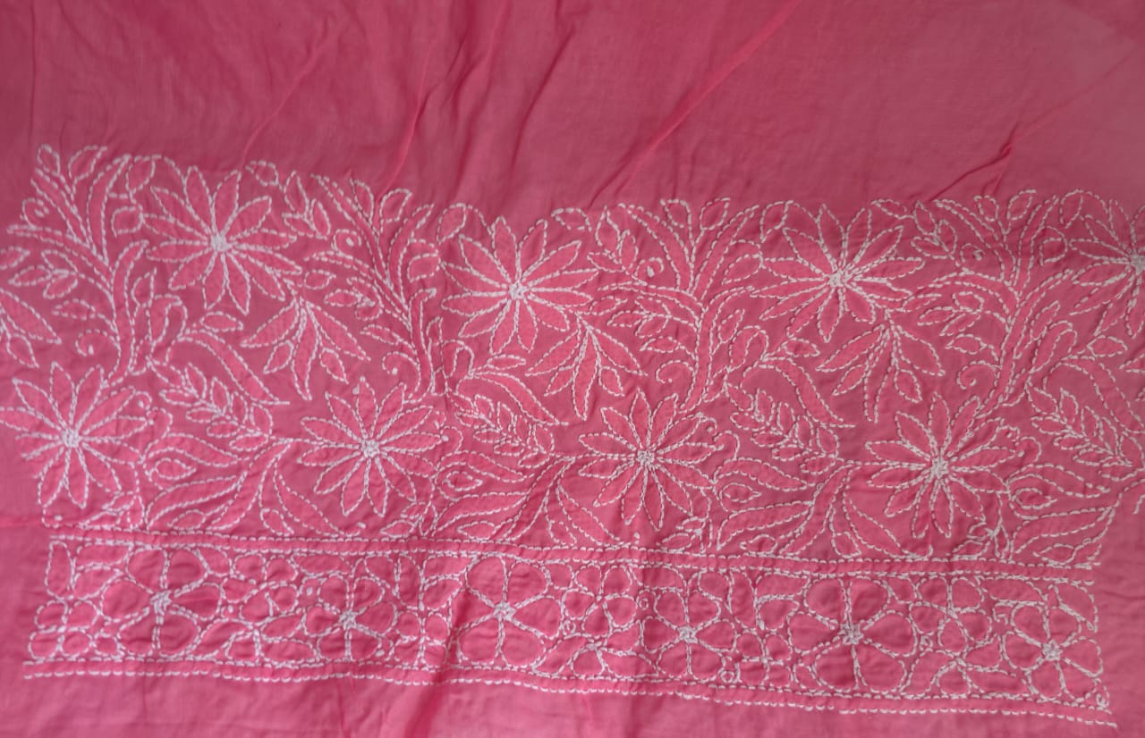 Bright pink Cotton All over Full hand Embroidered Saree