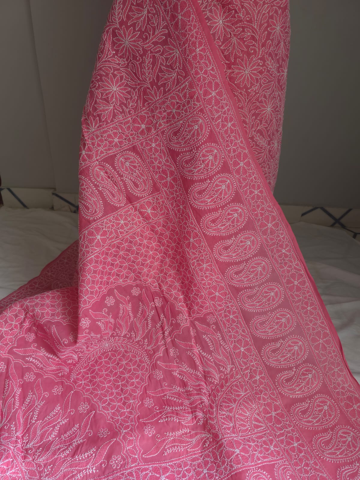 Bright pink Cotton All over Full hand Embroidered Saree