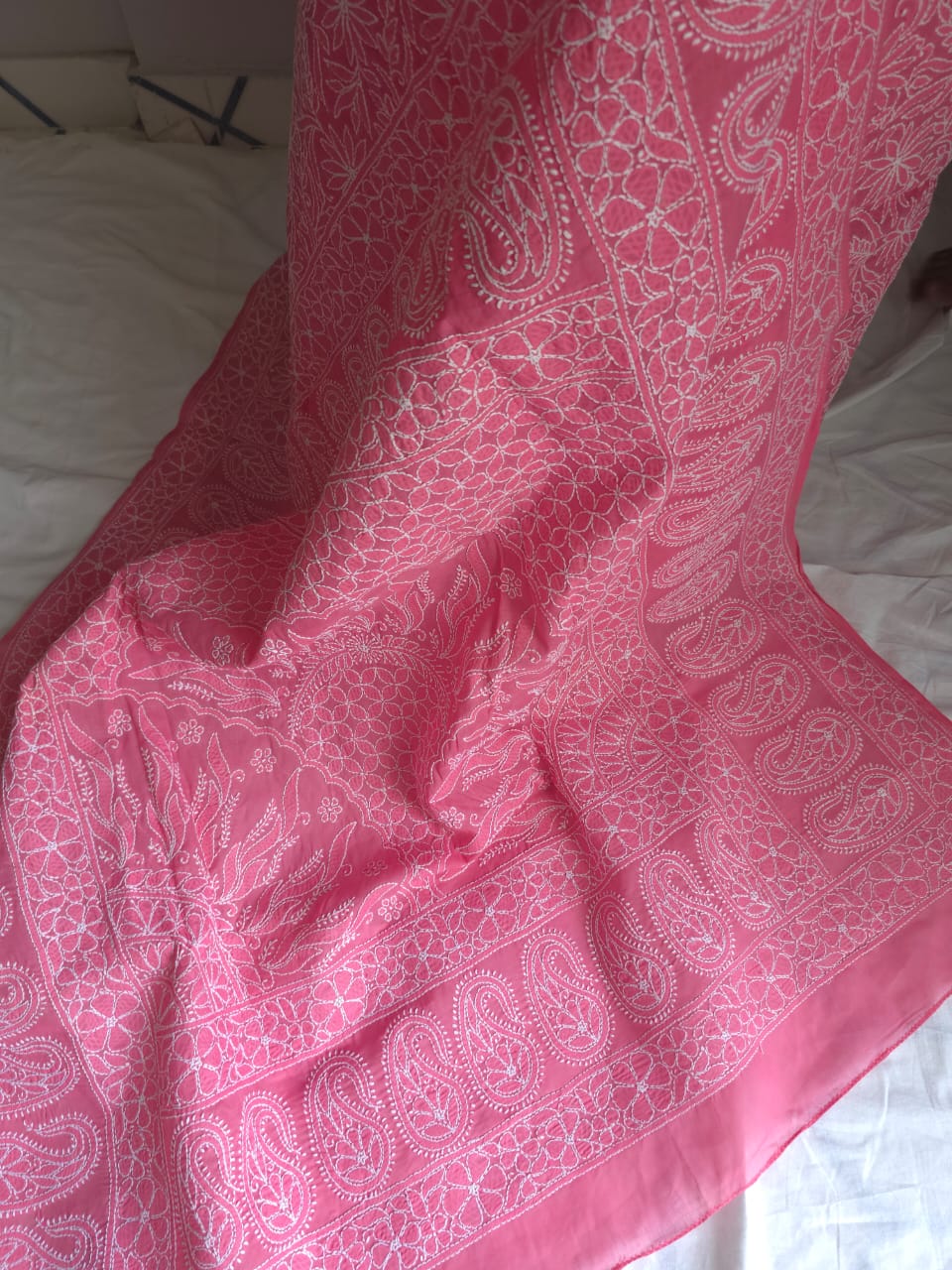 Bright pink Cotton All over Full hand Embroidered Saree