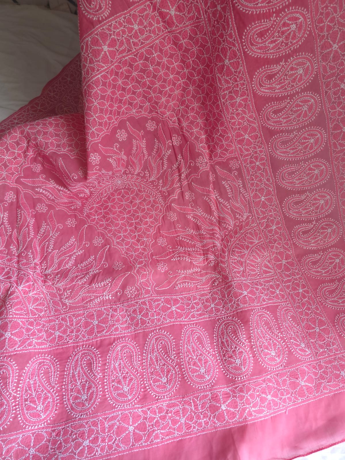 Bright pink Cotton All over Full hand Embroidered Saree