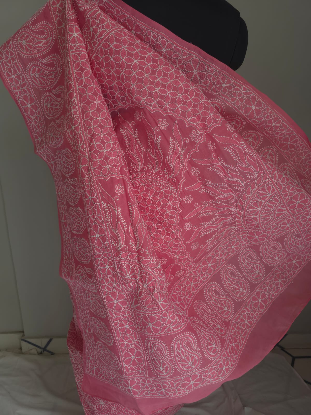 Bright pink Cotton All over Full hand Embroidered Saree
