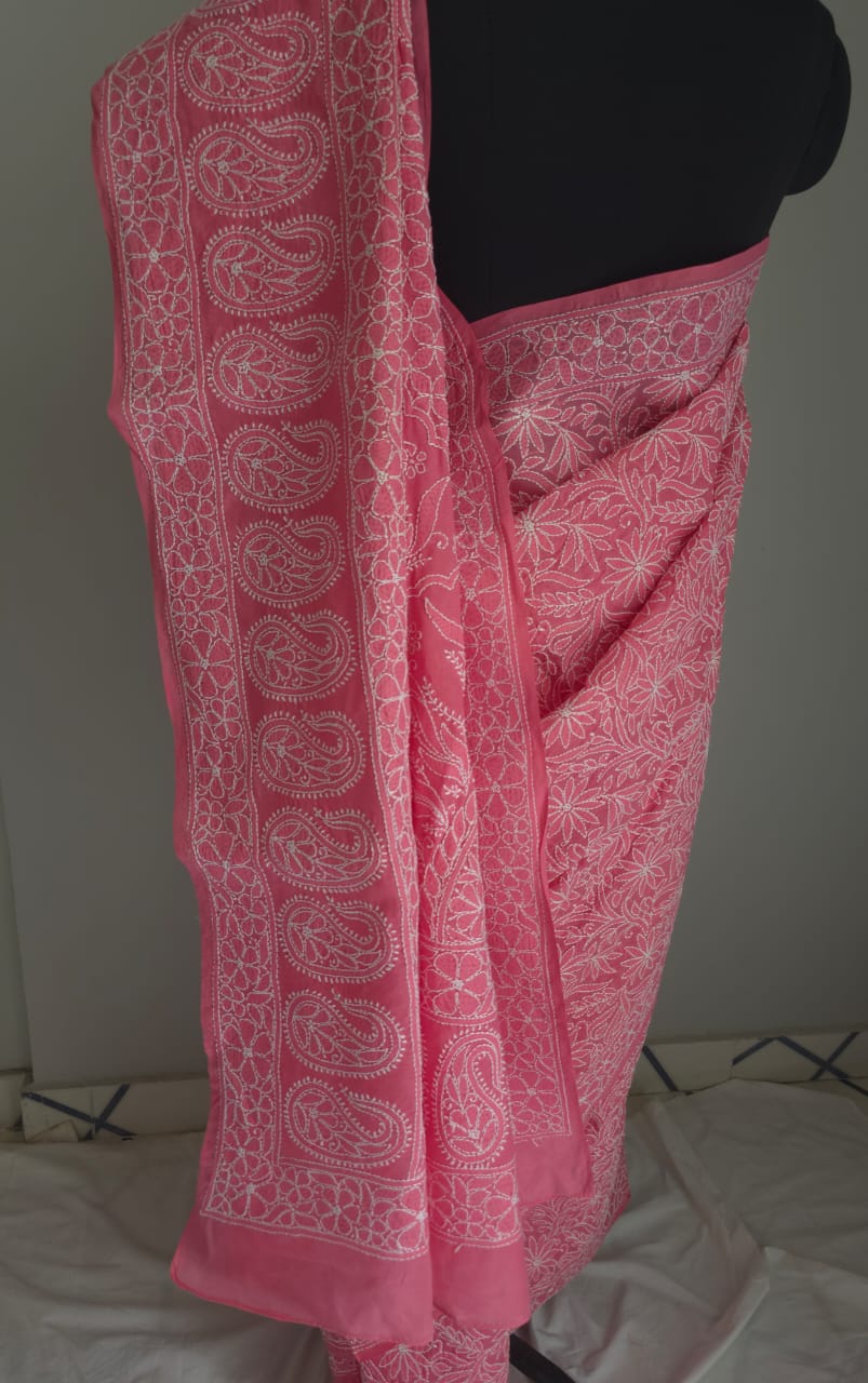 Bright pink Cotton All over Full hand Embroidered Saree
