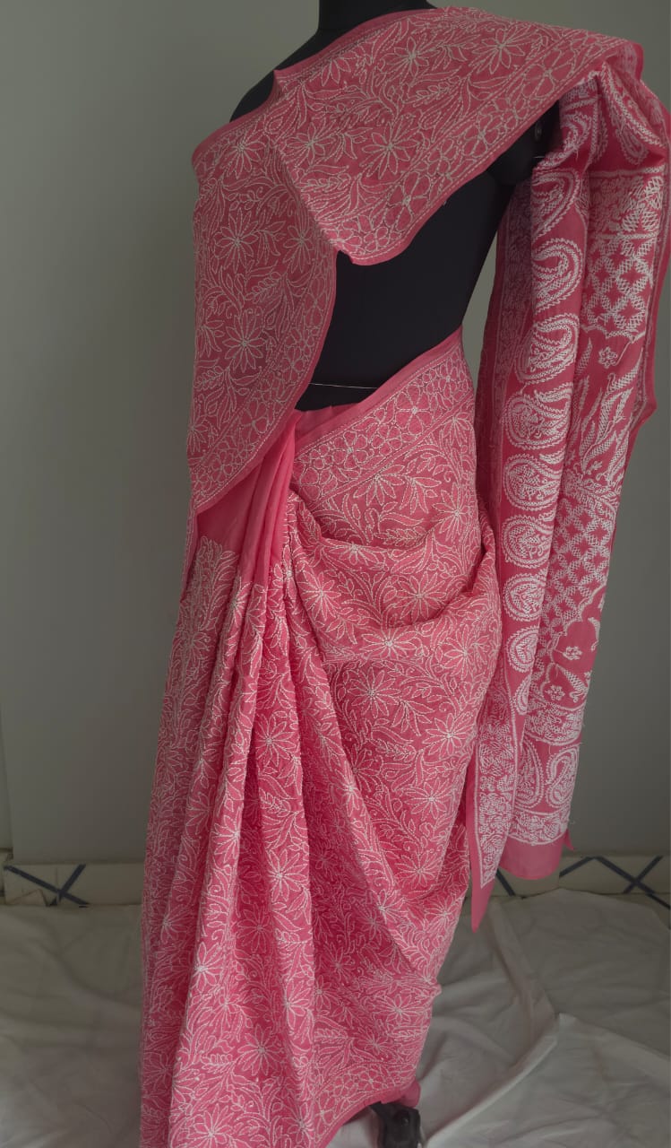 Bright pink Cotton All over Full hand Embroidered Saree