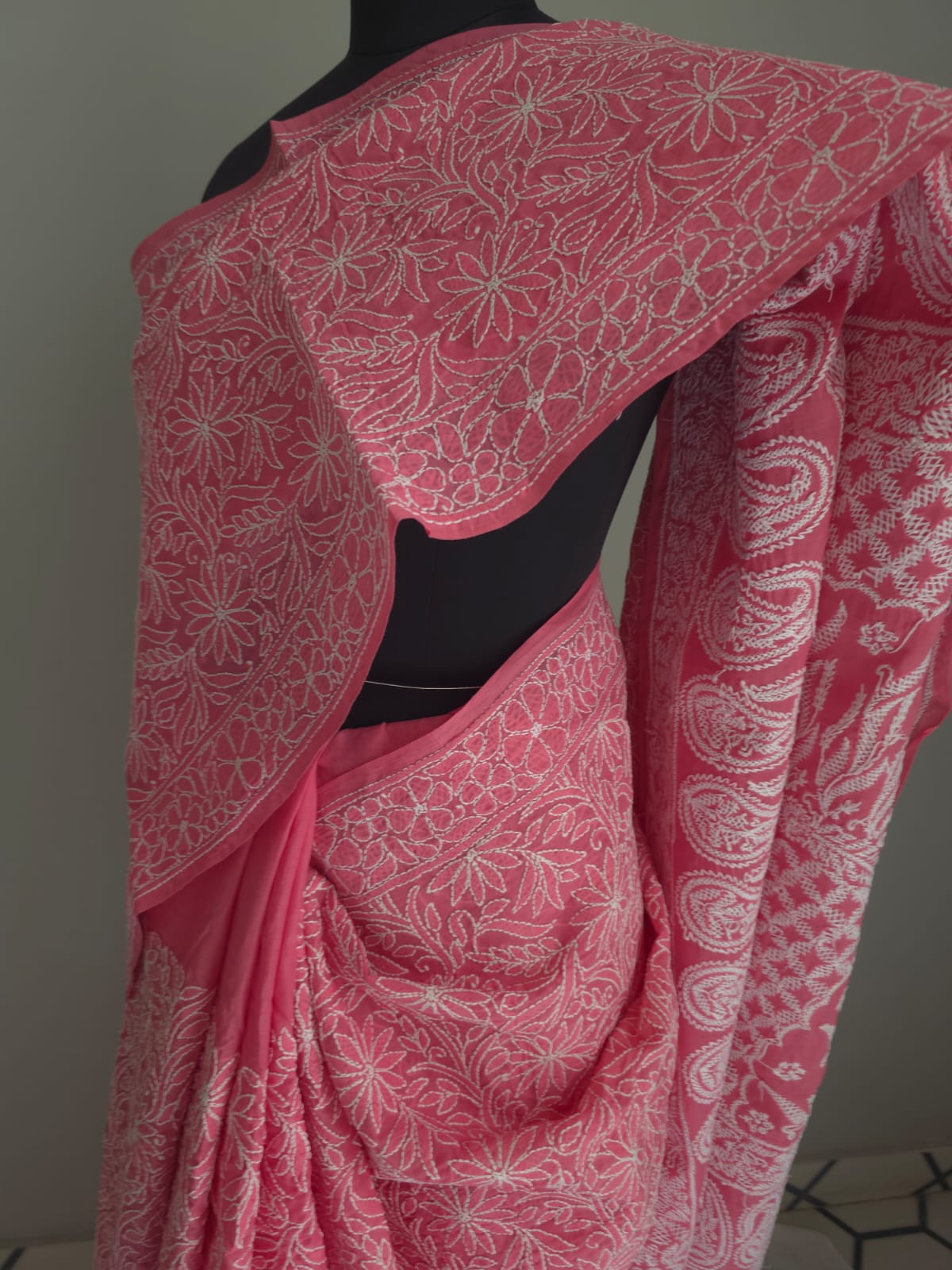 Bright pink Cotton All over Full hand Embroidered Saree