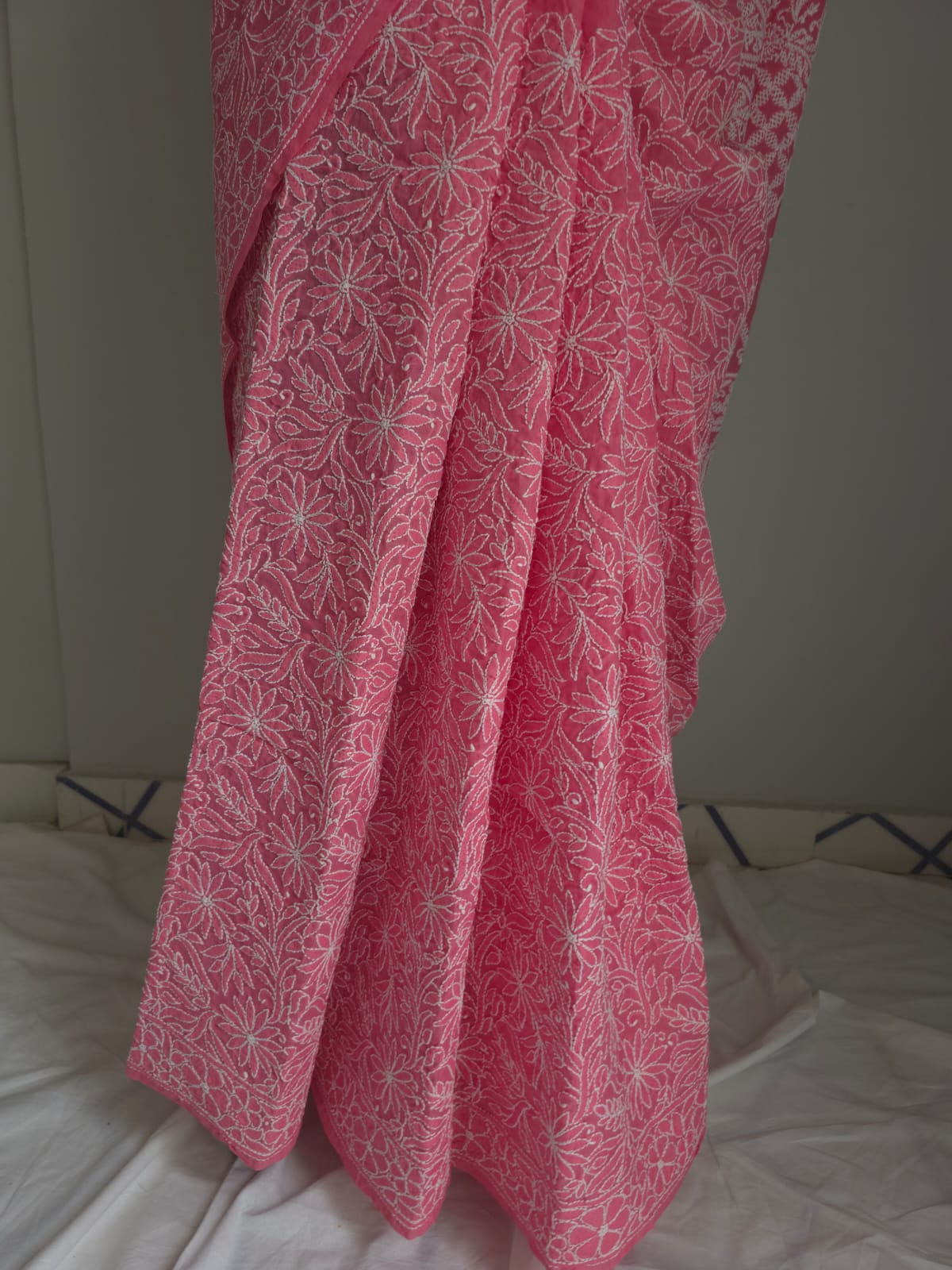 Bright pink Cotton All over Full hand Embroidered Saree