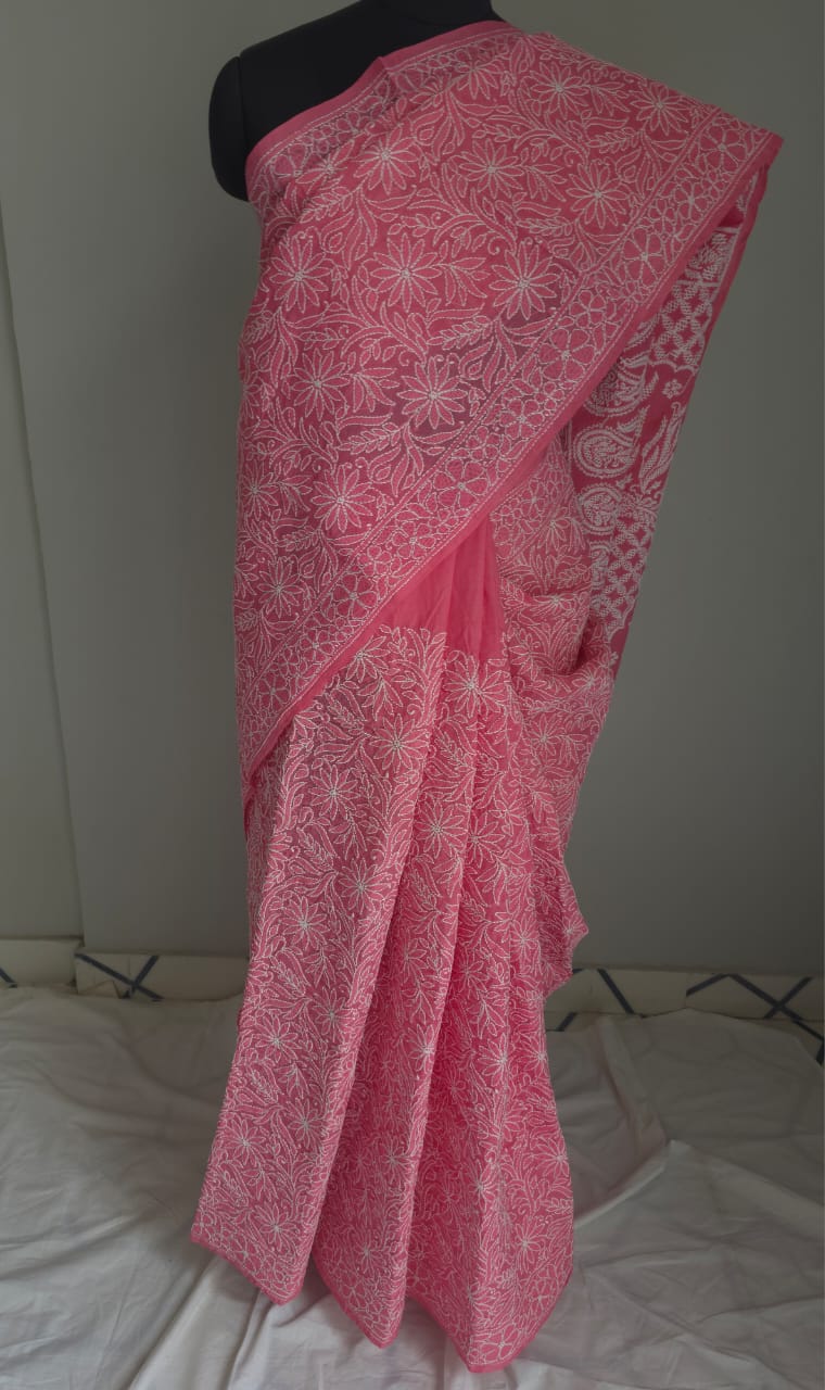 Bright pink Cotton All over Full hand Embroidered Saree