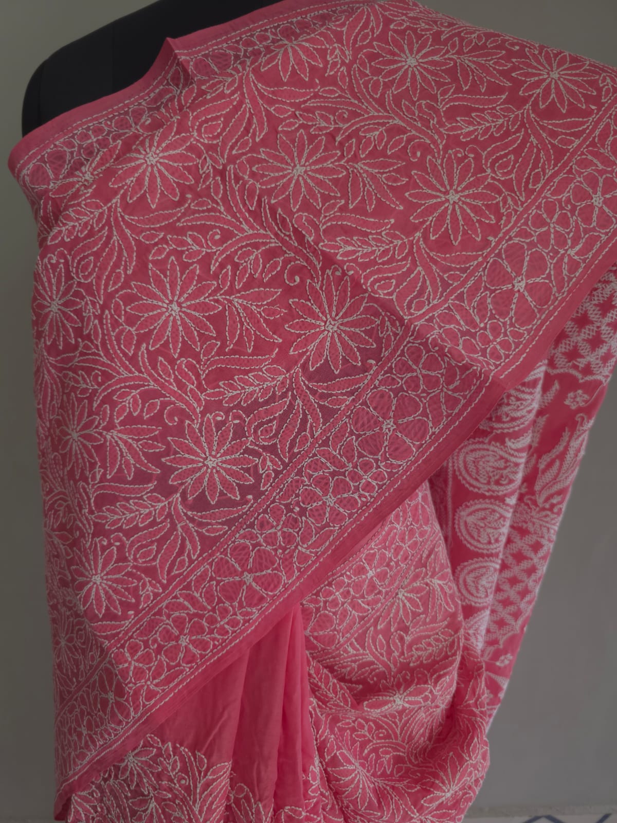 Bright pink Cotton All over Full hand Embroidered Saree