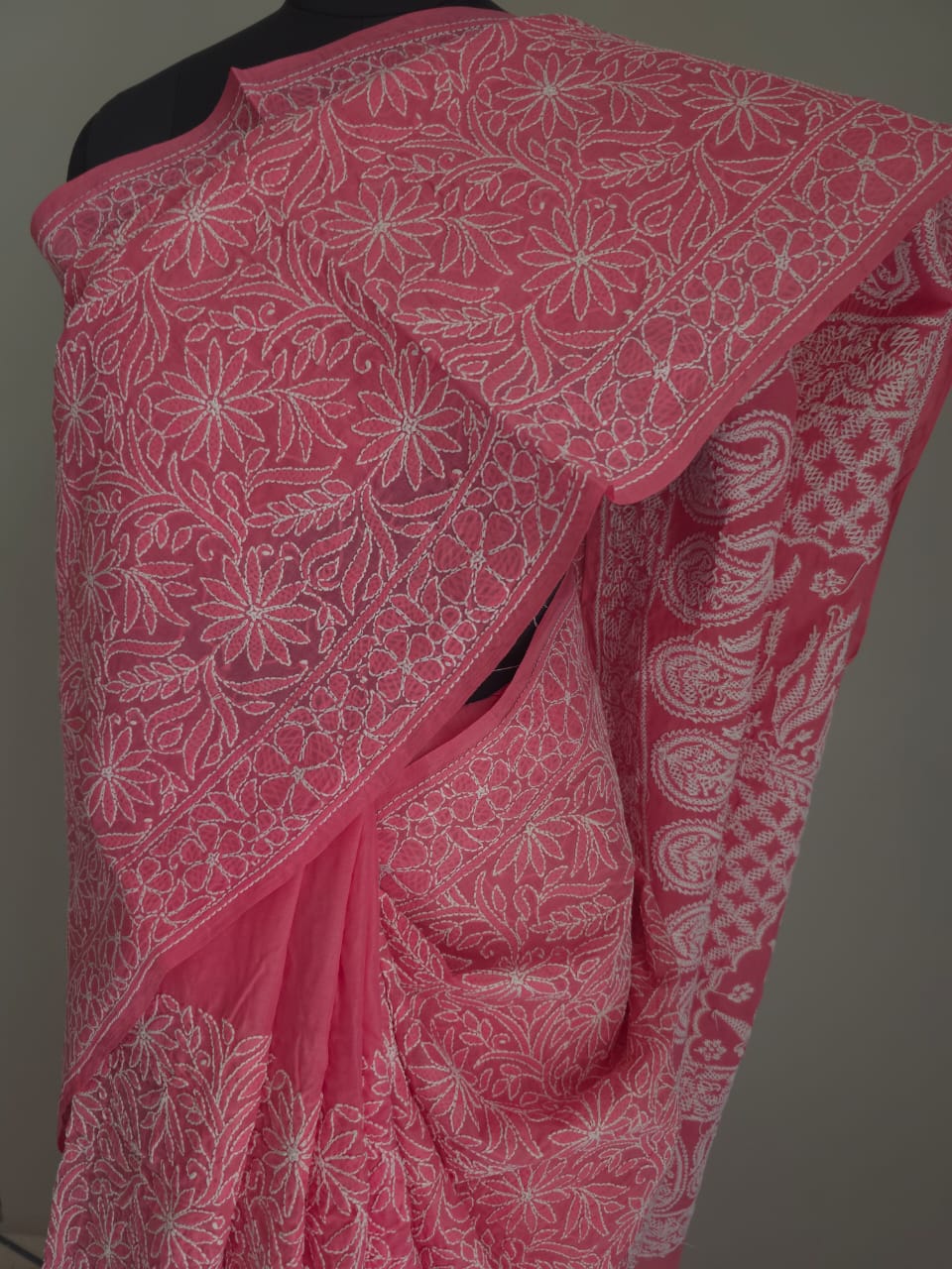 Bright pink Cotton All over Full hand Embroidered Saree