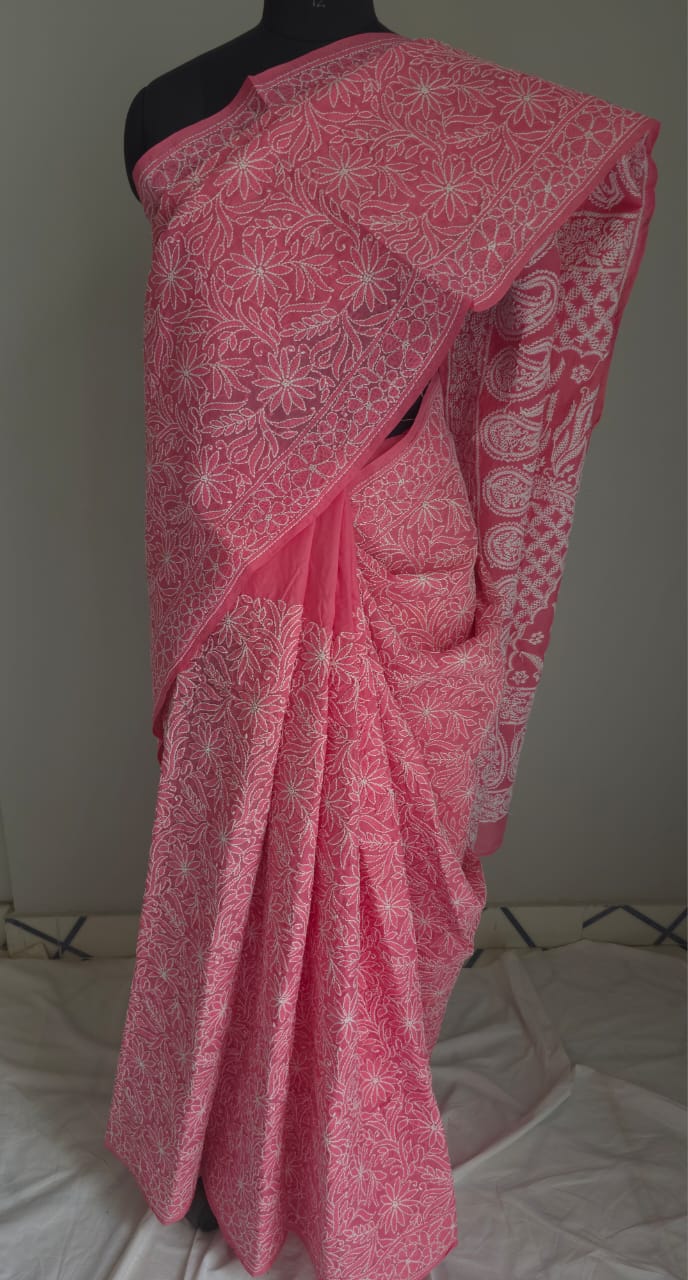 Bright pink Cotton All over Full hand Embroidered Saree