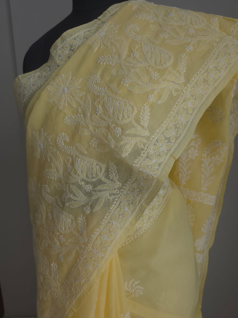 Light Yellow Cotton Saree with Skirt Border and heavy Anchal