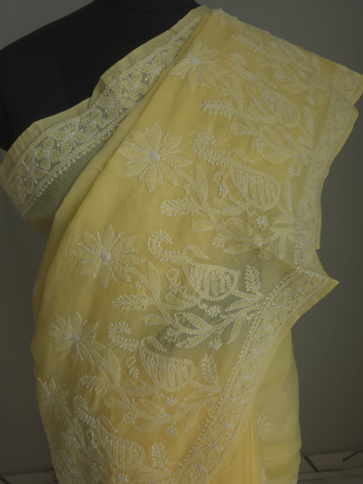 Light Yellow Cotton Saree with Skirt Border and heavy Anchal