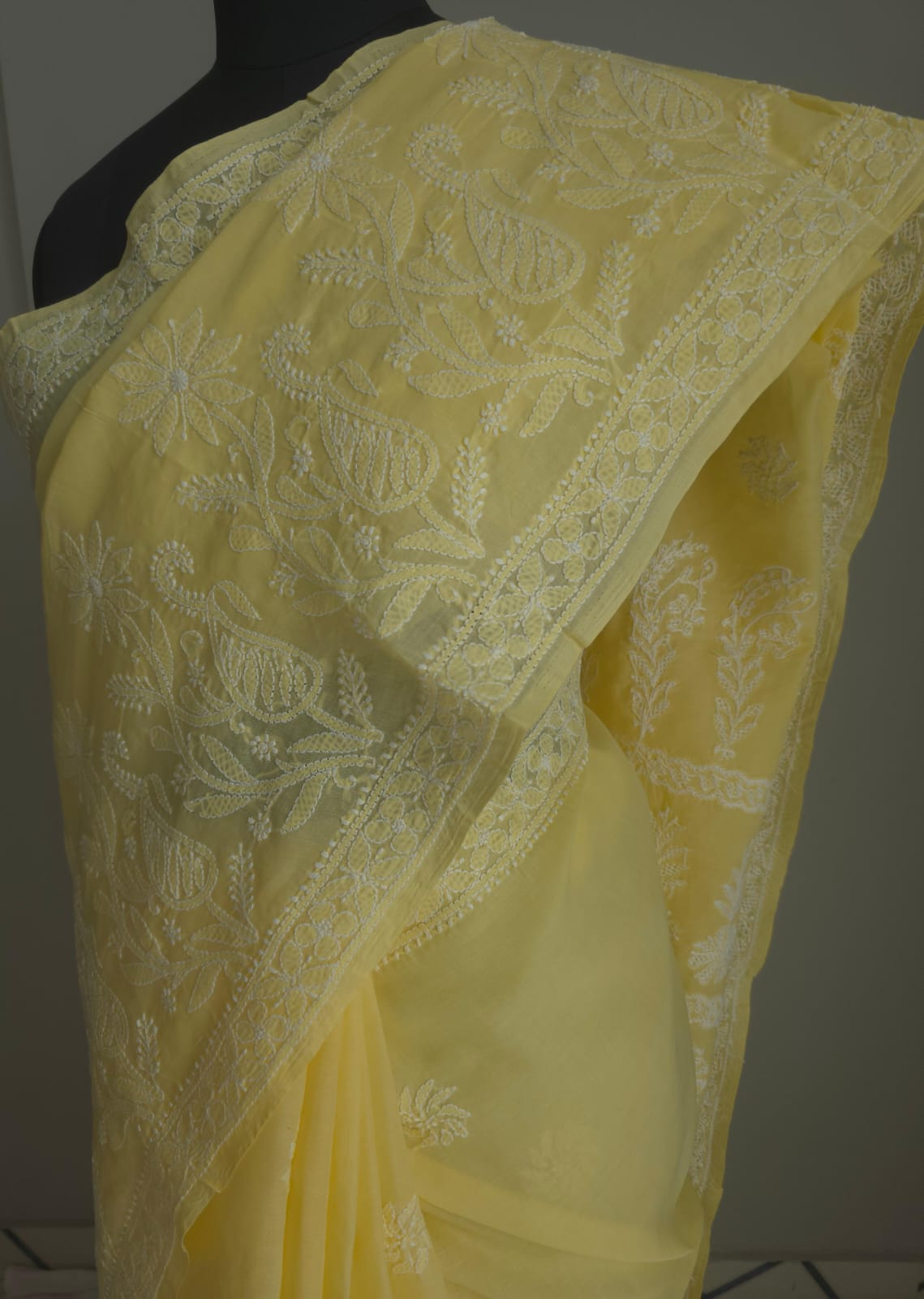 Light Yellow Cotton Saree with Skirt Border and heavy Anchal