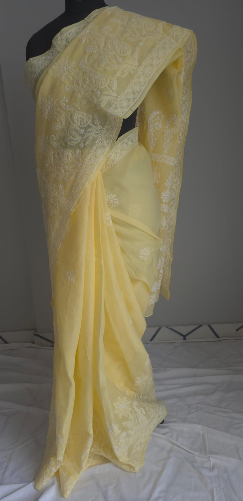 Light Yellow Cotton Saree with Skirt Border and heavy Anchal