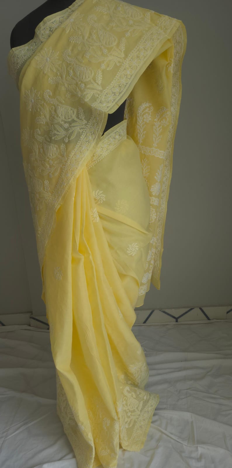 Light Yellow Cotton Saree with Skirt Border and heavy Anchal