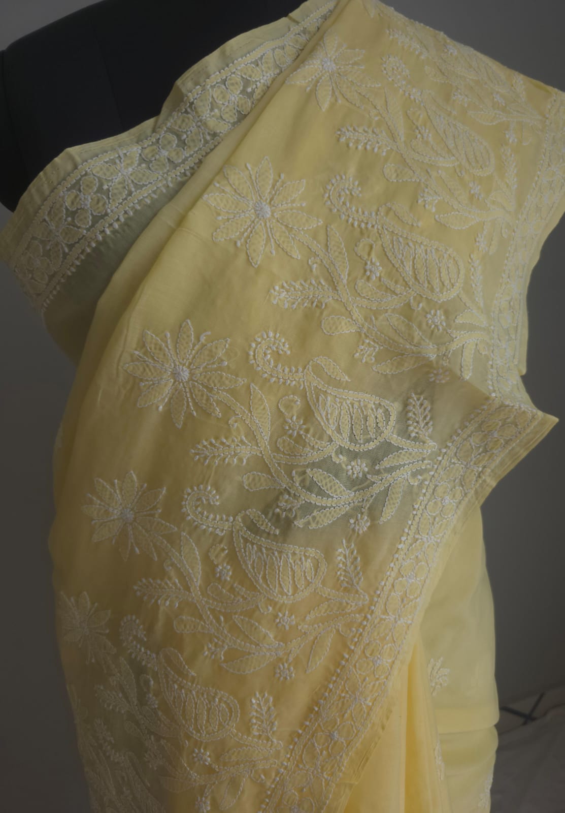 Light Yellow Cotton Saree with Skirt Border and heavy Anchal