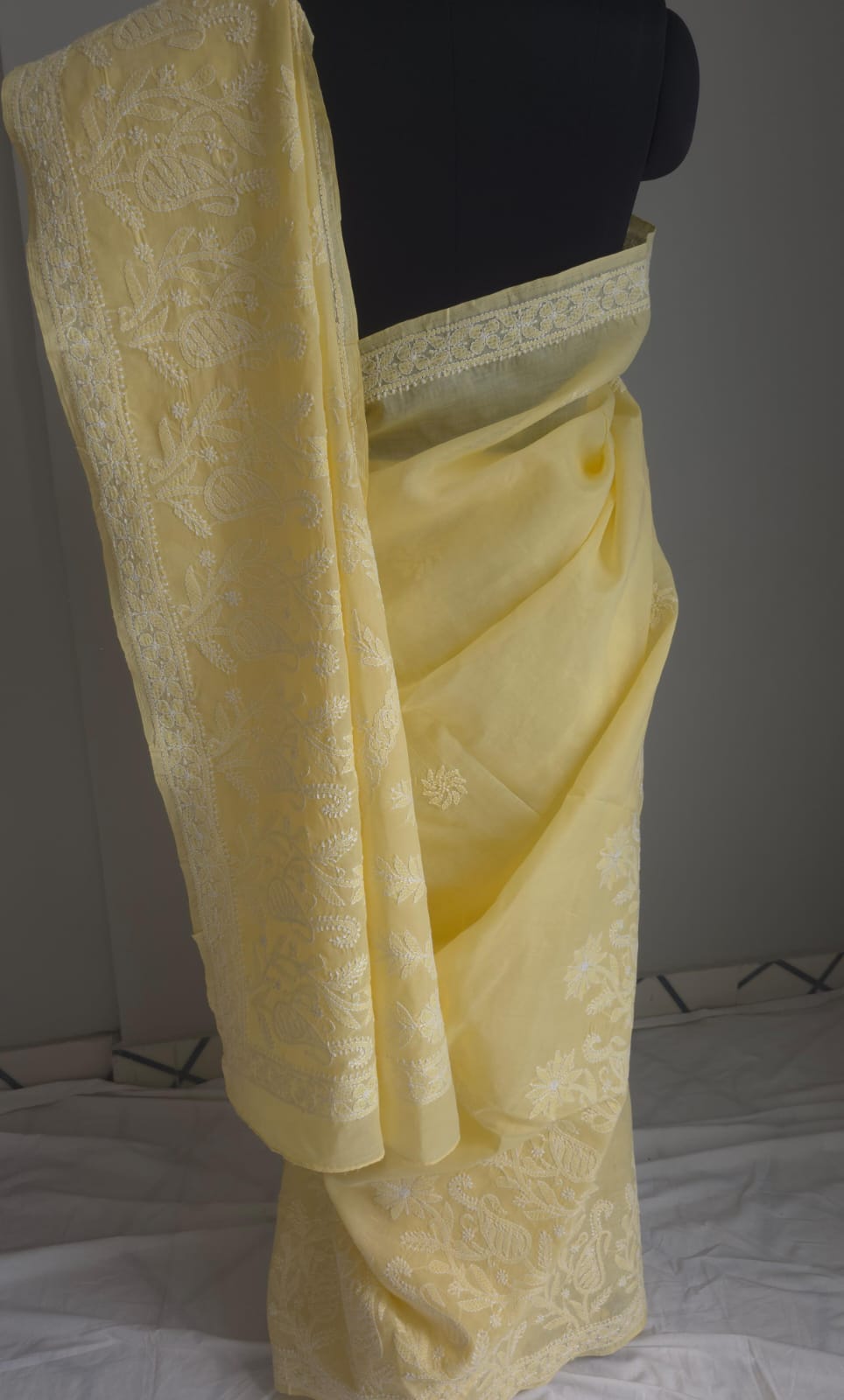 Light Yellow Cotton Saree with Skirt Border and heavy Anchal