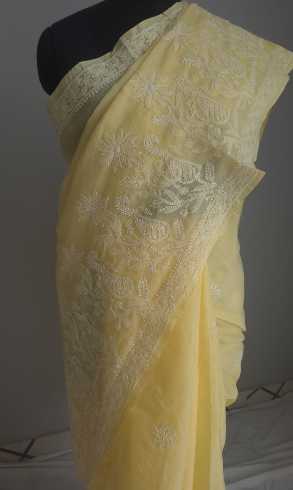 Light Yellow Cotton Saree with Skirt Border and heavy Anchal