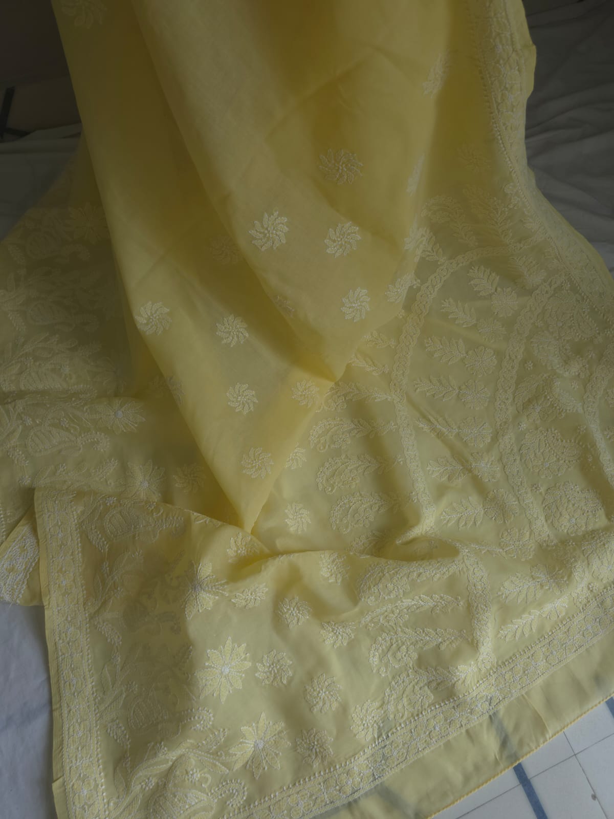 Light Yellow Cotton Saree with Skirt Border and heavy Anchal