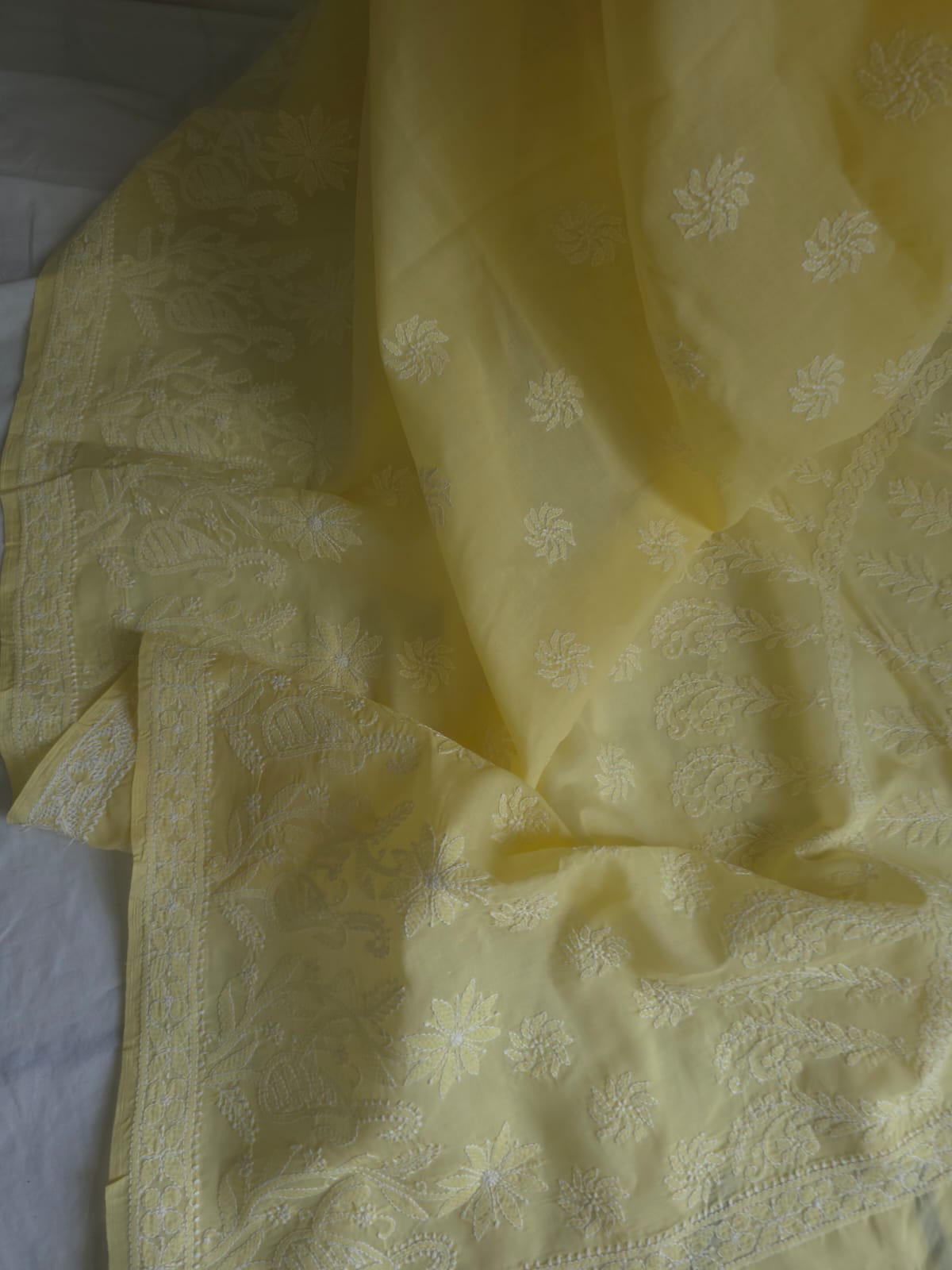 Light Yellow Cotton Saree with Skirt Border and heavy Anchal