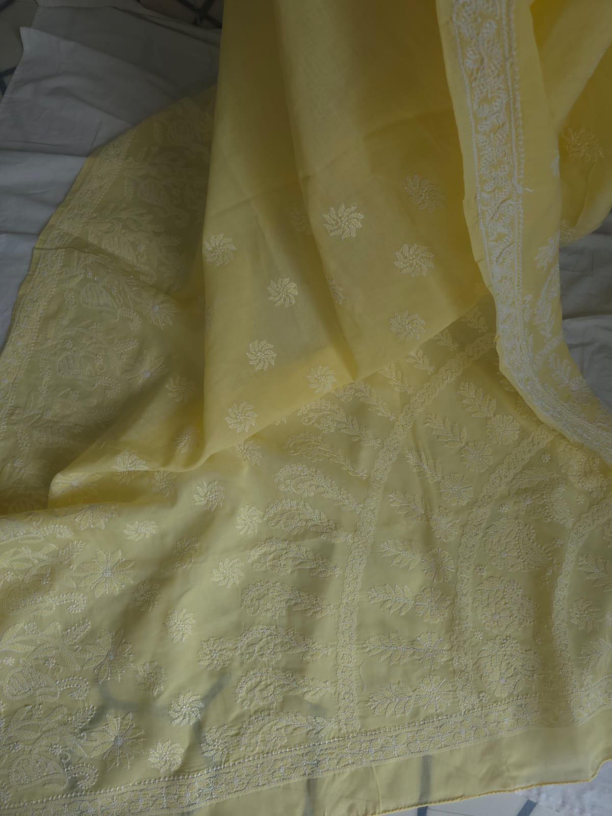 Light Yellow Cotton Saree with Skirt Border and heavy Anchal