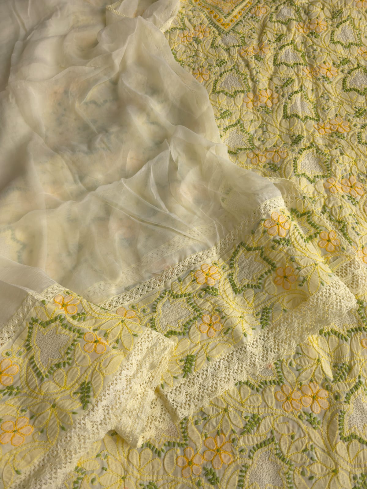 Creamy lemon color Designer cotton suit with contrast chikankari