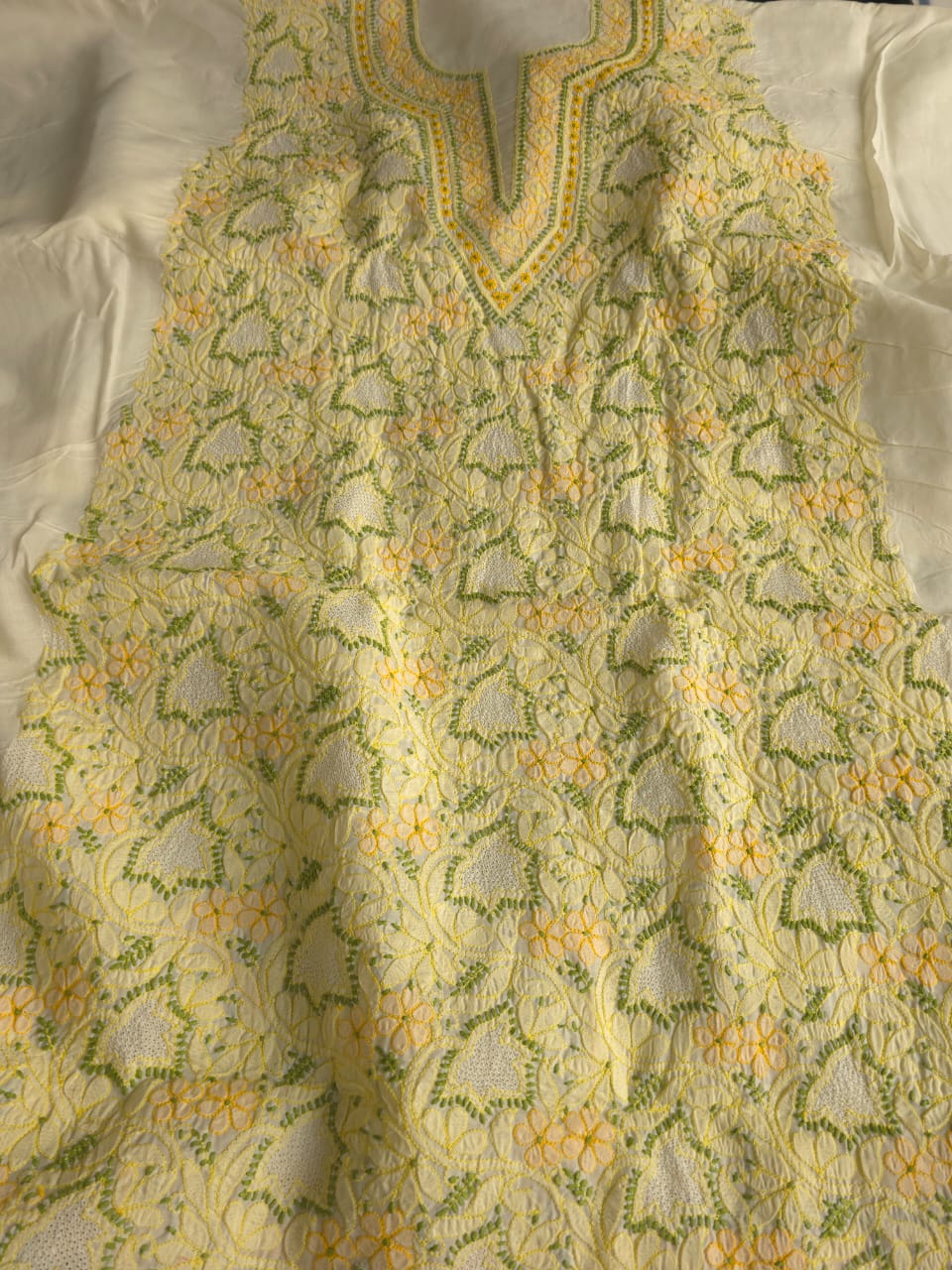 Creamy lemon color Designer cotton suit with contrast chikankari