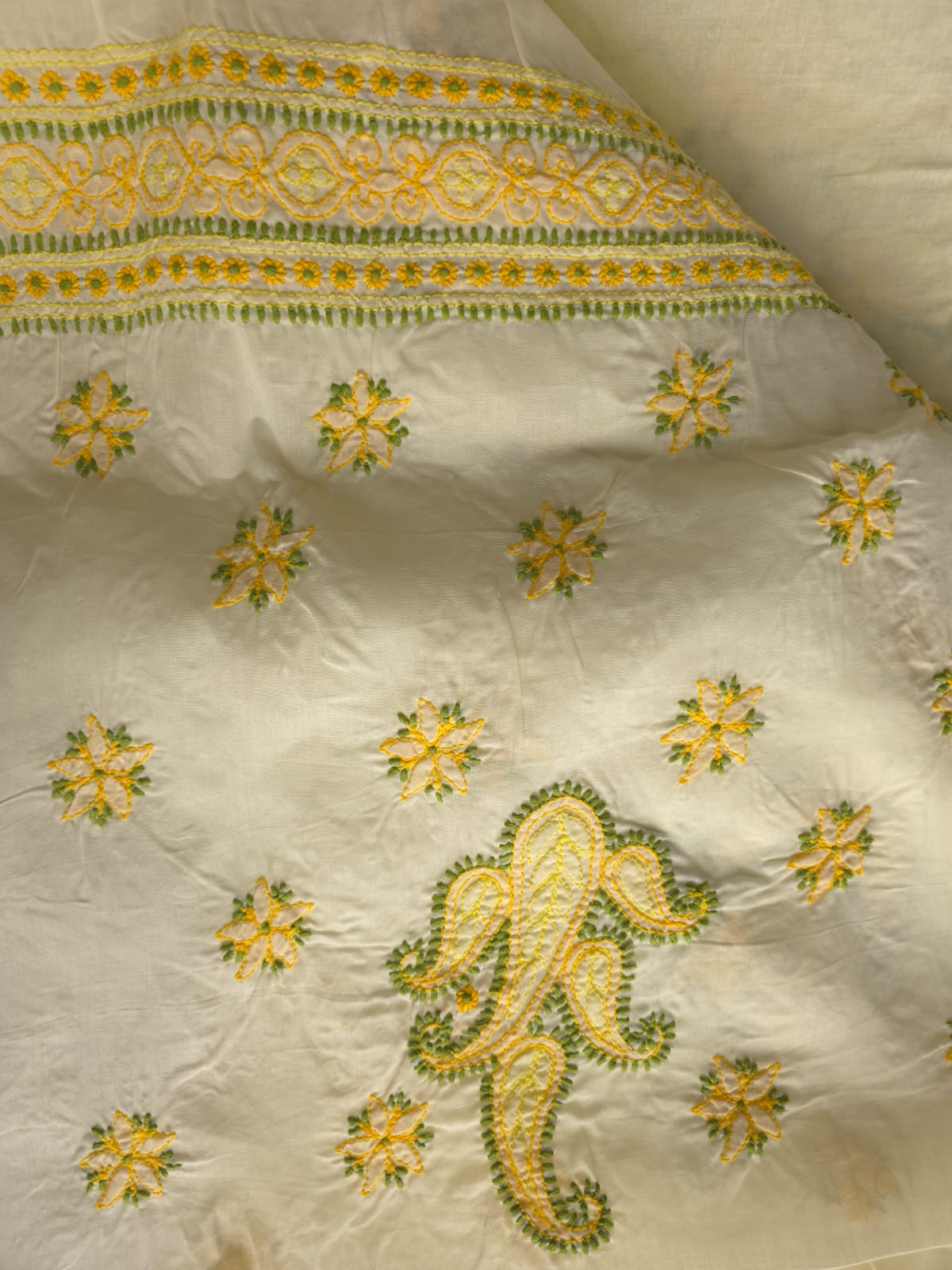 Creamy lemon color Designer cotton suit with contrast chikankari