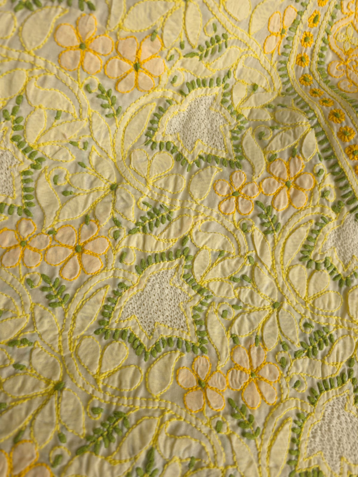 Creamy lemon color Designer cotton suit with contrast chikankari