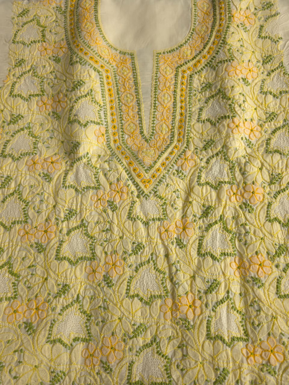 Creamy lemon color Designer cotton suit with contrast chikankari