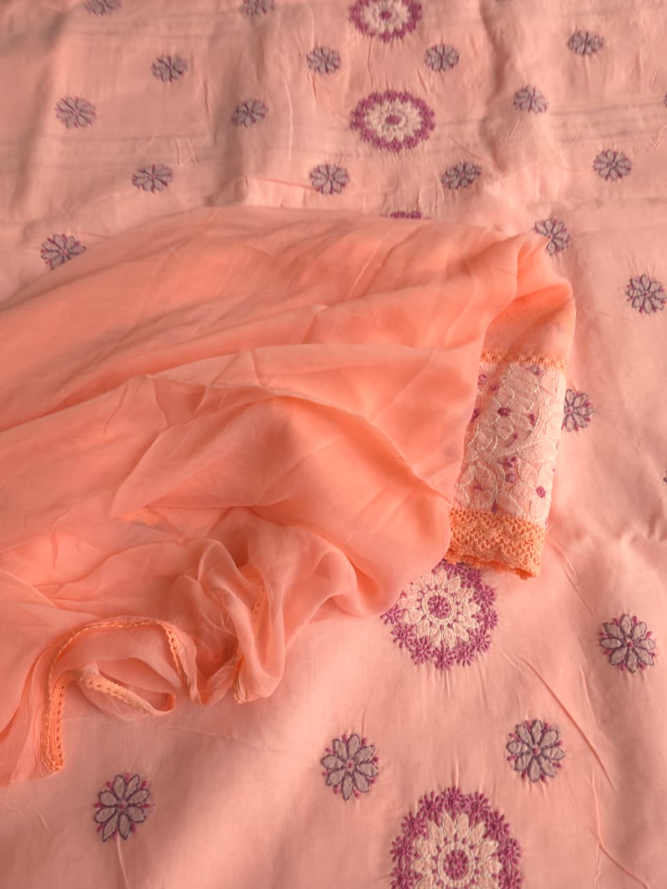 Peach color designer full set with contrast superfine chikankari