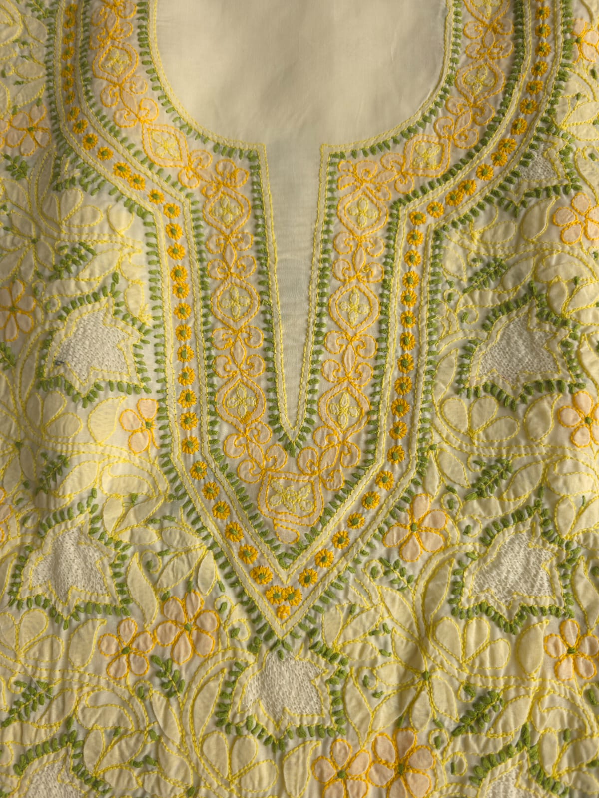 Creamy lemon color Designer cotton suit with contrast chikankari