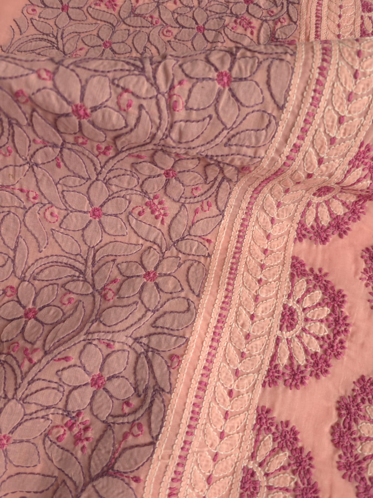 Peach color designer full set with contrast superfine chikankari